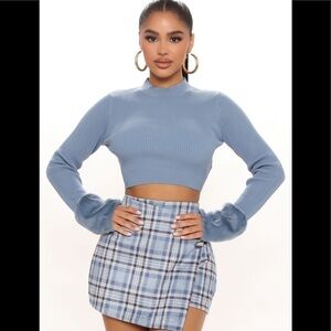 NEW Slate Blue Cropped Thick Ribbed Backless Sweater with Faux Fur Trim